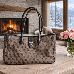 Dooney Bourke Vintage Monogram Black and Grey Tote Bag with  Leather Trim.